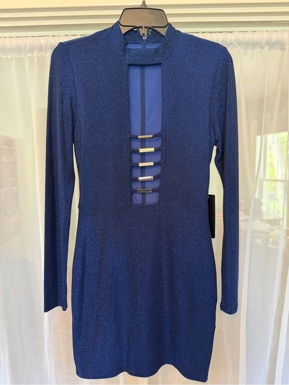 bebe Never Worn Navy Sparkle Long-Sleeve Mini Dress with Ladder Front